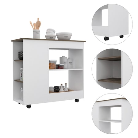 Tuhome Nigella Kitchen Cart, Two Storage Shelves, Four Casters, Three Side Shelves, White/Dark Brown MBB7165